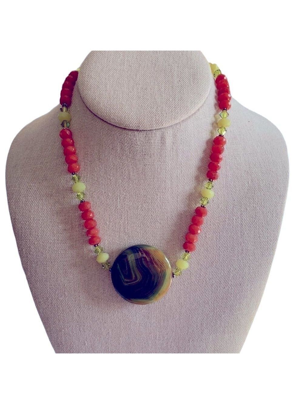 Green & Brown Agate Stone Necklace with Orange & Green Crystal Beads. - …